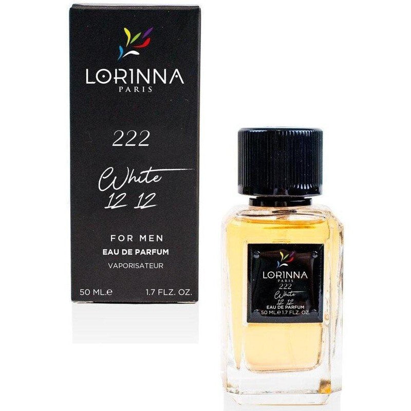 Lorinna Paris White 12.12 Eau de Parfum for Men 50ml bottle displayed next to its black packaging box.