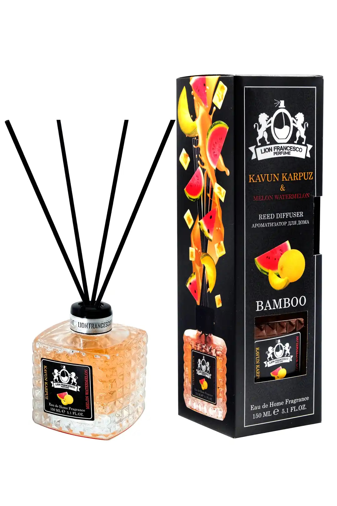 Lion Francesco Melon Watermelon reed diffuser 150 ml bottle with rattan sticks and black gift box