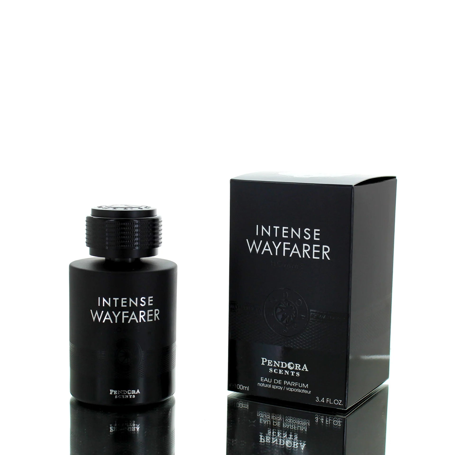 Pendora Scent Intense Wayfarer — matte black cylindrical bottle with a ridged cap beside its black box