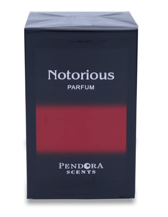 Notorious by Pendora Scents EDP 100ml — dark navy carton box with a red panel and white Notorious Parfum lettering