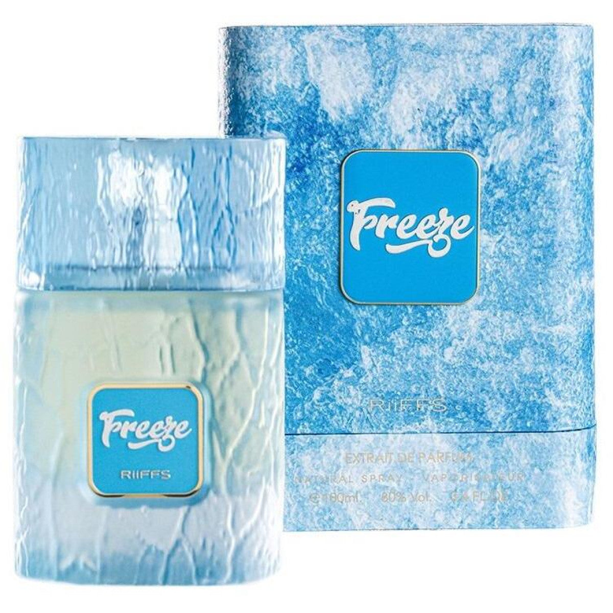 Freeze Eau de Parfum 100ml bottle with blue packaging by Universalus, featuring an icy blue design that reflects the fragrance’s fresh and cooling character.