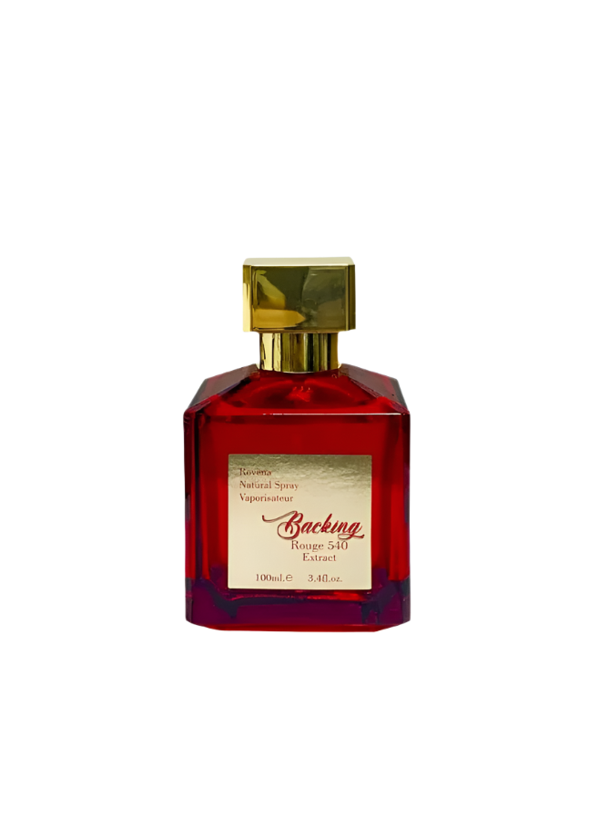 Backing Rouge 540 Extract by Rovena EDP — red faceted 100 ml bottle with gold cap and gold label on white