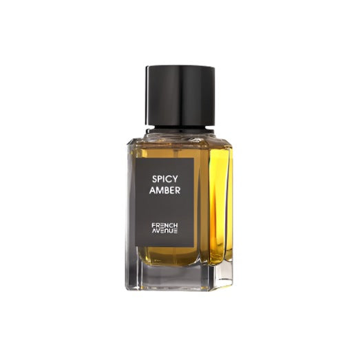 Spicy Amber by French Avenue EDP — clear rectangular bottle with amber liquid, black label and black cap