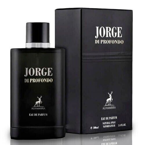 AlHambra Jorge Di Profondo perfumed water for men 100ml — matte black bottle beside a matching black box on white