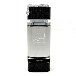Riiffs Aswaar Eau de Parfum 100ml bottle with silver glass, black textured accents, and a decorative snake on the cap, displayed on a white background.