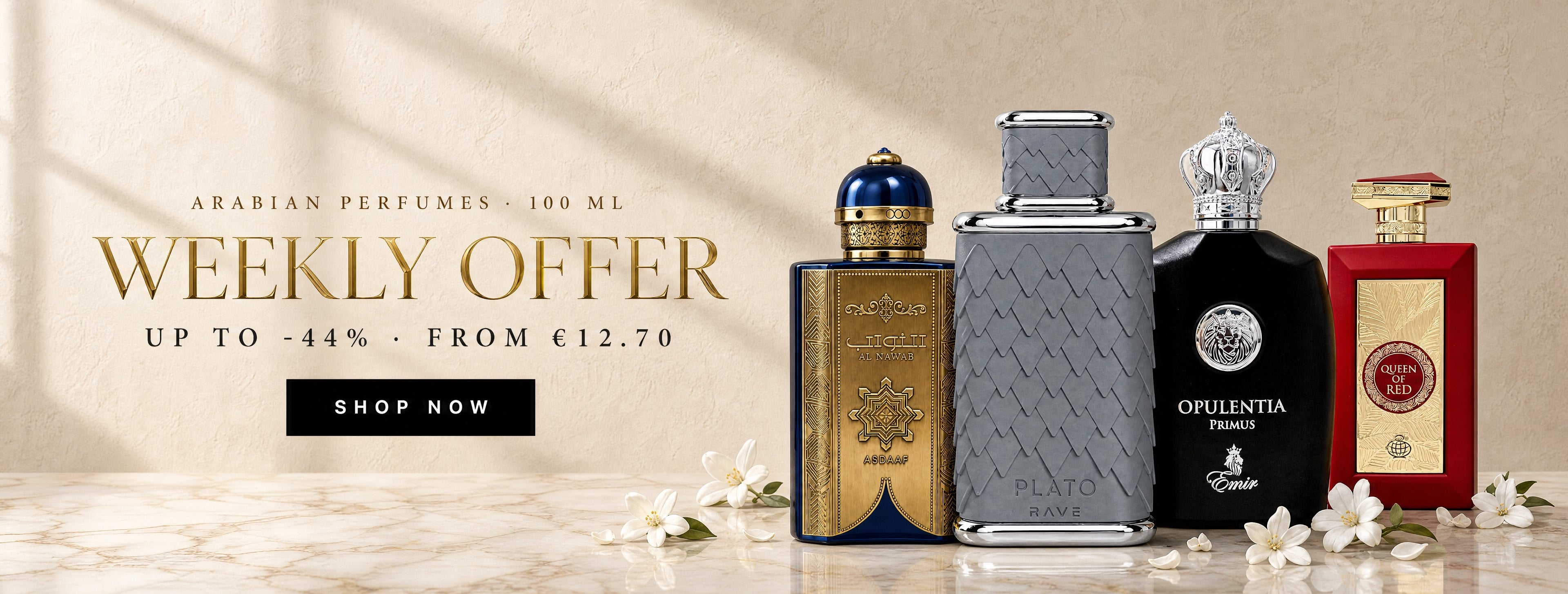 Weekly Offer – Arabian perfumes 100 ml: Plato by Rave, Al Nawab by Asdaaf, Opulentia Primus by Emir, Queen of Red by Fragrance World