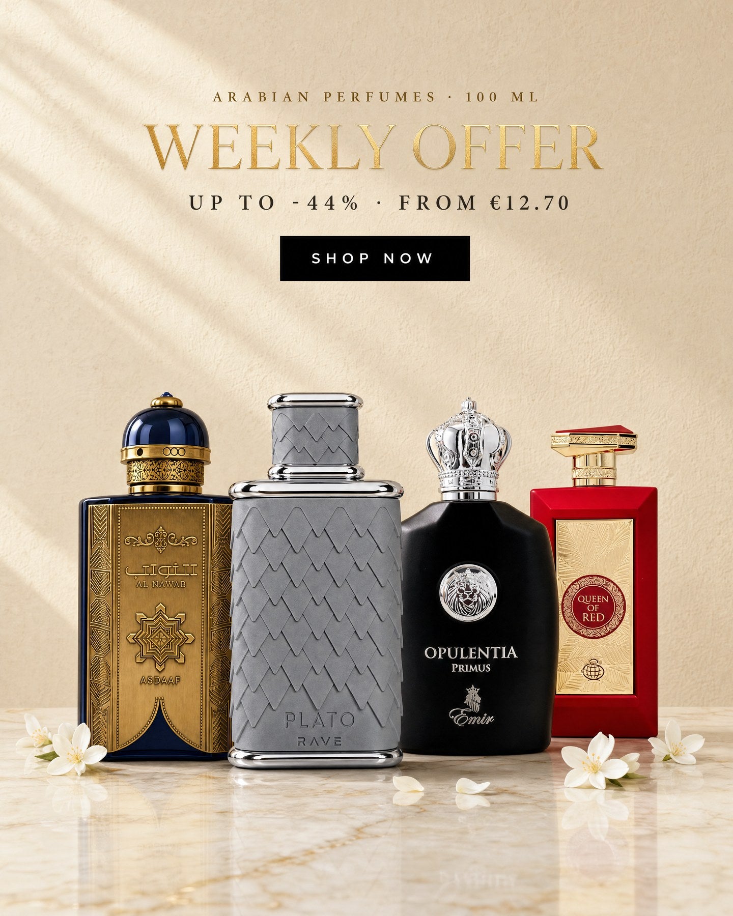 Weekly Offer – Arabian perfumes 100 ml: Plato by Rave, Al Nawab by Asdaaf, Opulentia Primus by Emir, Queen of Red by Fragrance World